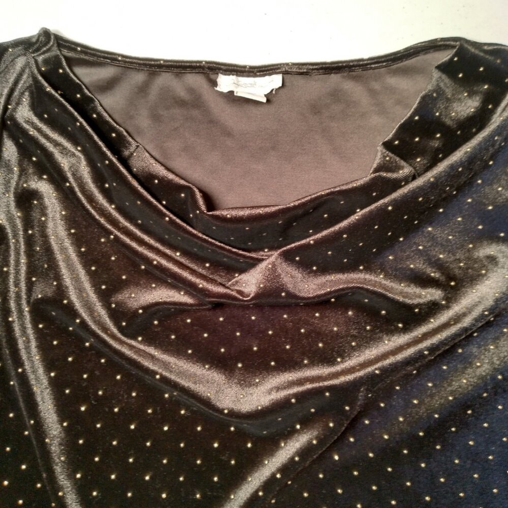 Jacklyn Smith Velour Shirt Women Large Black Gold Studded Draped Neck Stretch - Picture 6 of 10